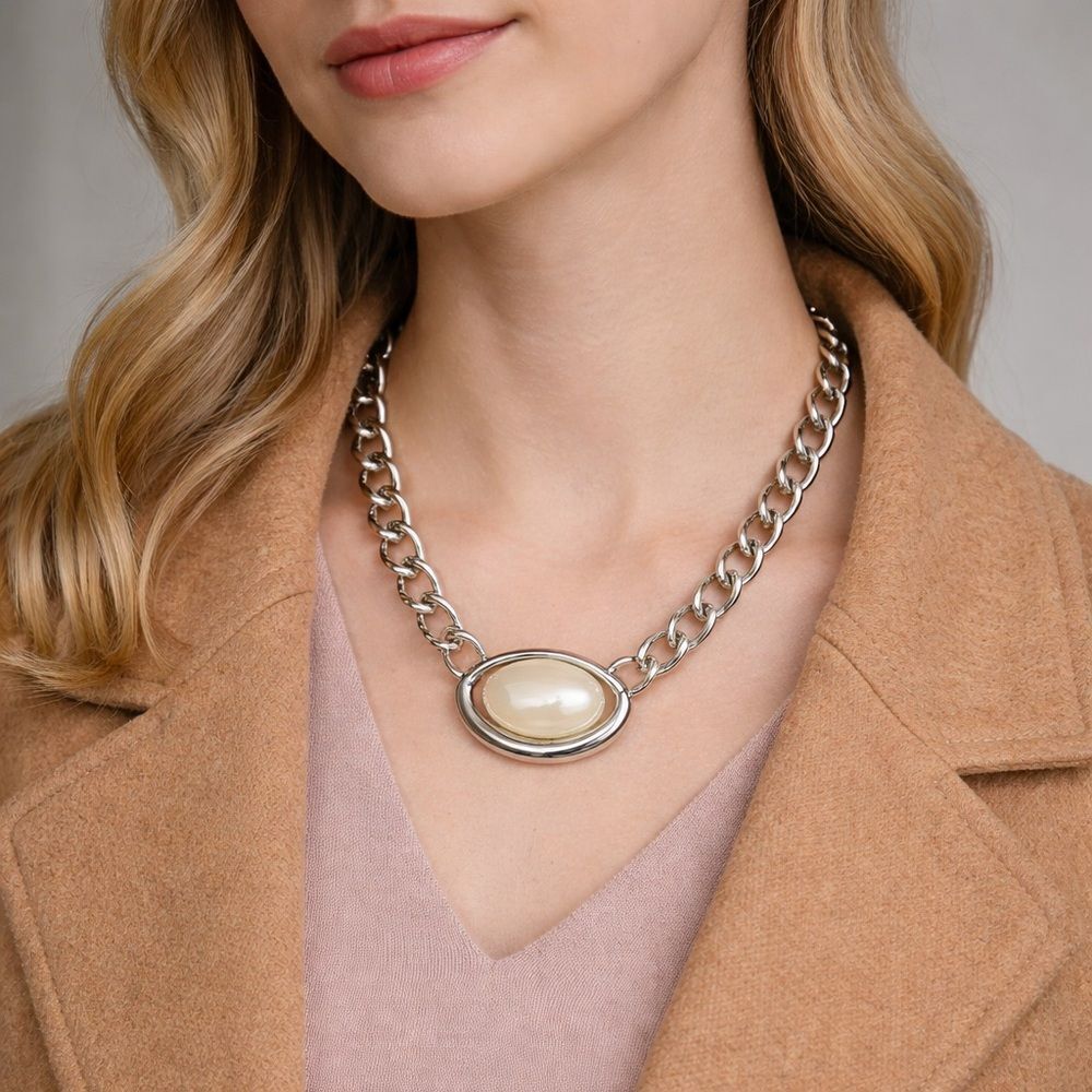 Monet Chunky Silver Tone Link & Pearl Necklace